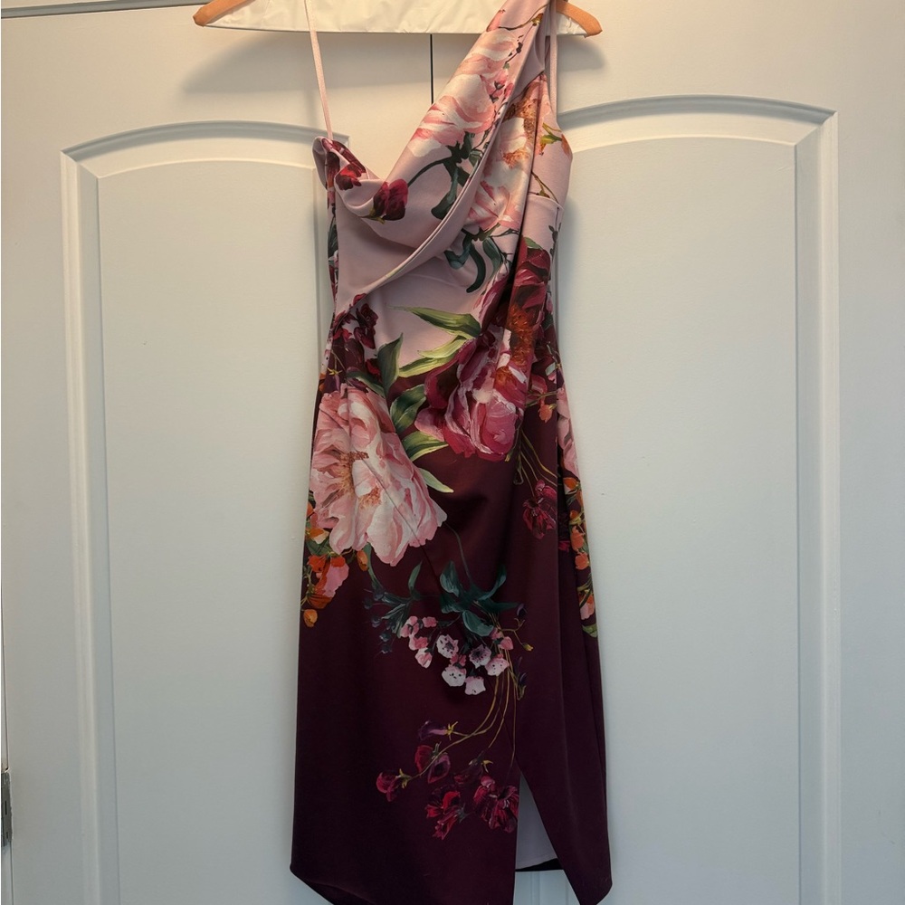 Ted Baker London One-Shoulder Floral Dress in Pink and Burgundy